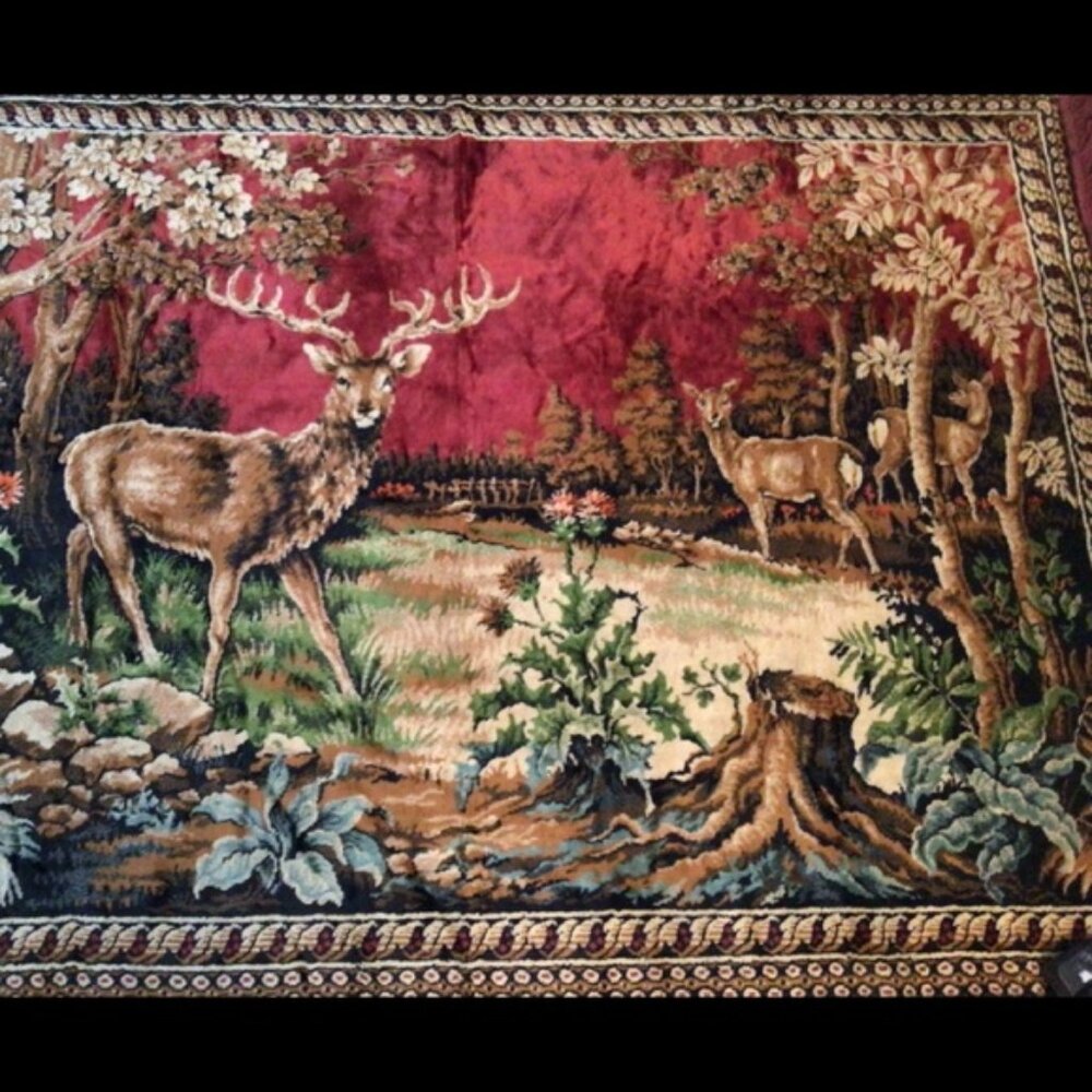 Vintage velvet tapestry, deer ,48”x 72”, seen on Yellowstone bunk house wall